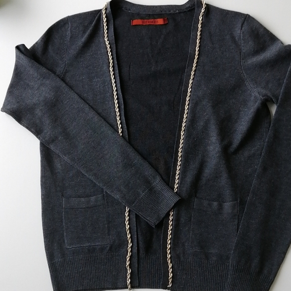 Hermes styled gold chain grey cardigans sweater - Picture 3 of 16